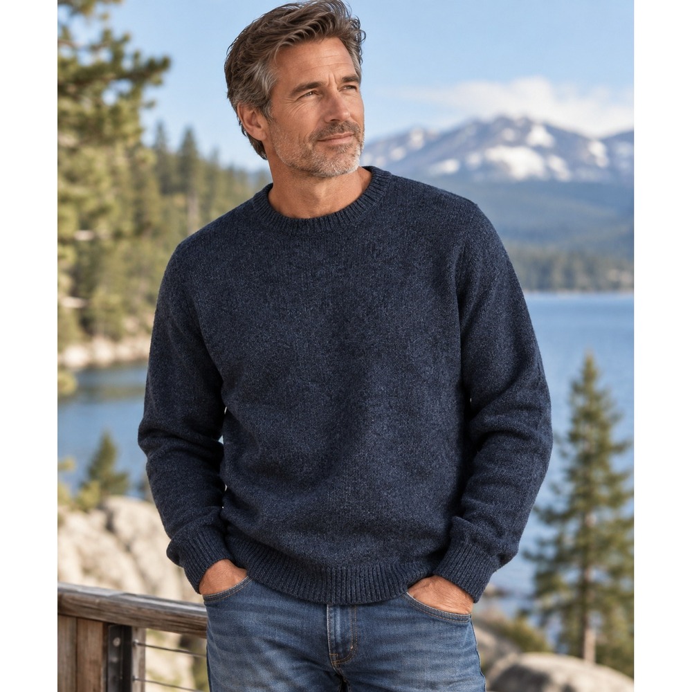 Old Money Coastal 100% Shetland Wool Crewneck Sweater Pendleton Heather Navy M L